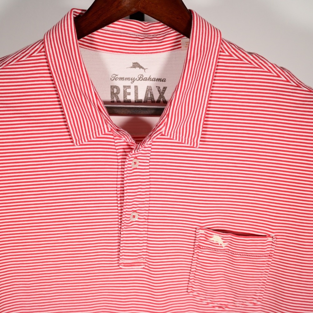 Tommy Bahama Relax Mens XXL $120. Red Striped Cotton‎ short sleeve Polo Shirt